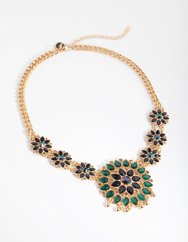 Gold Multi Flower Jewel Necklace