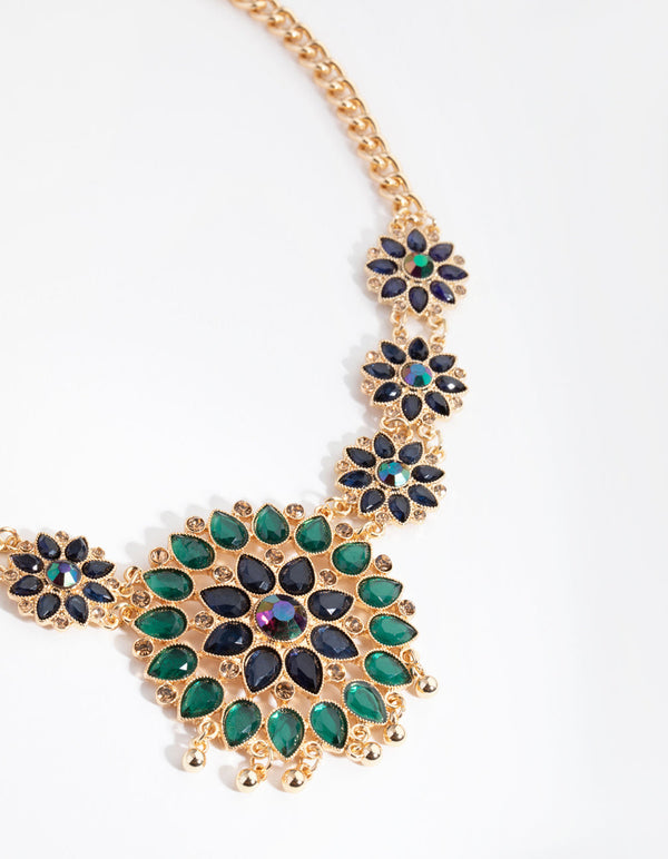 Gold Multi Flower Jewel Necklace