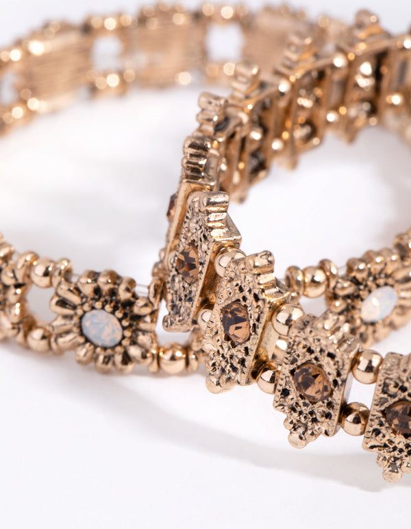 Antique Gold Etched Station Stretch Bracelets 2-Pack