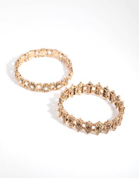 Antique Gold Etched Station Stretch Bracelets 2-Pack - link has visual effect only