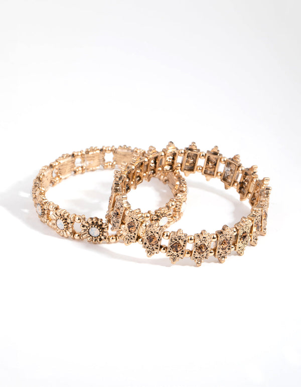 Antique Gold Etched Station Stretch Bracelets 2-Pack