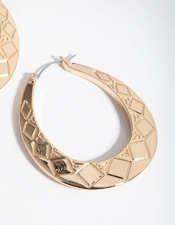 Gold Etched Tear Hoop Earrings