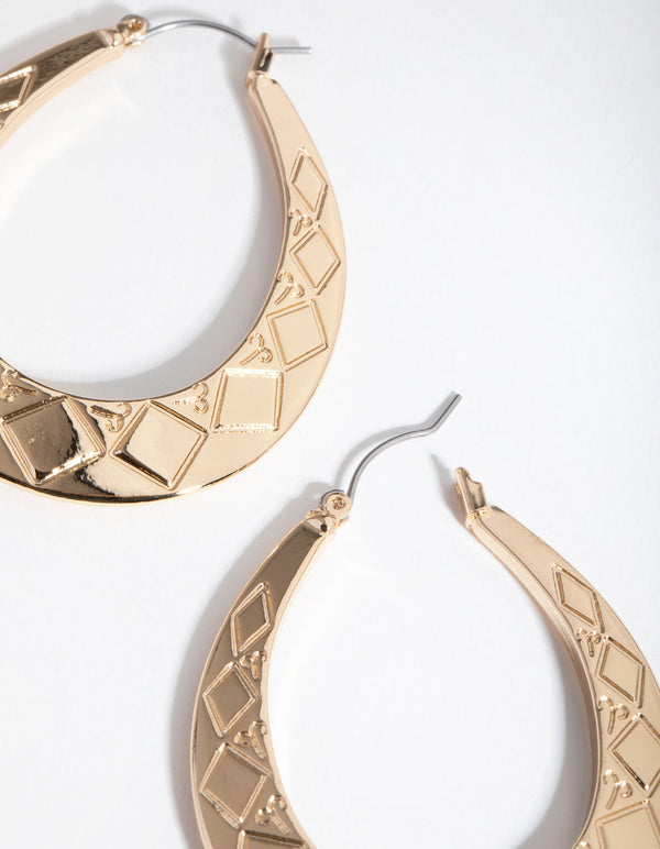 Gold Etched Tear Hoop Earrings