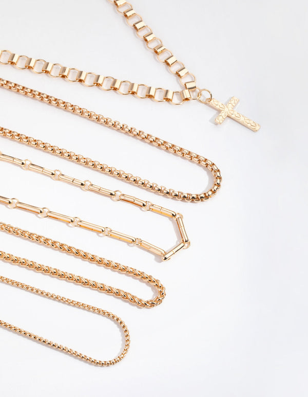 Gold Mix Chain Cross Pack Necklace