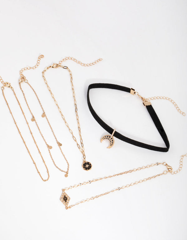 Gold Decorated Crescent 5-Pack Choker Necklace