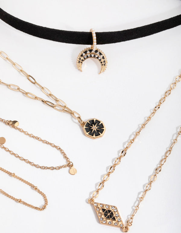 Gold Decorated Crescent 5-Pack Choker Necklace