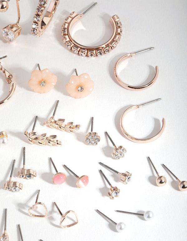 Rose Gold Flower and Pearl 16-Pack Earring