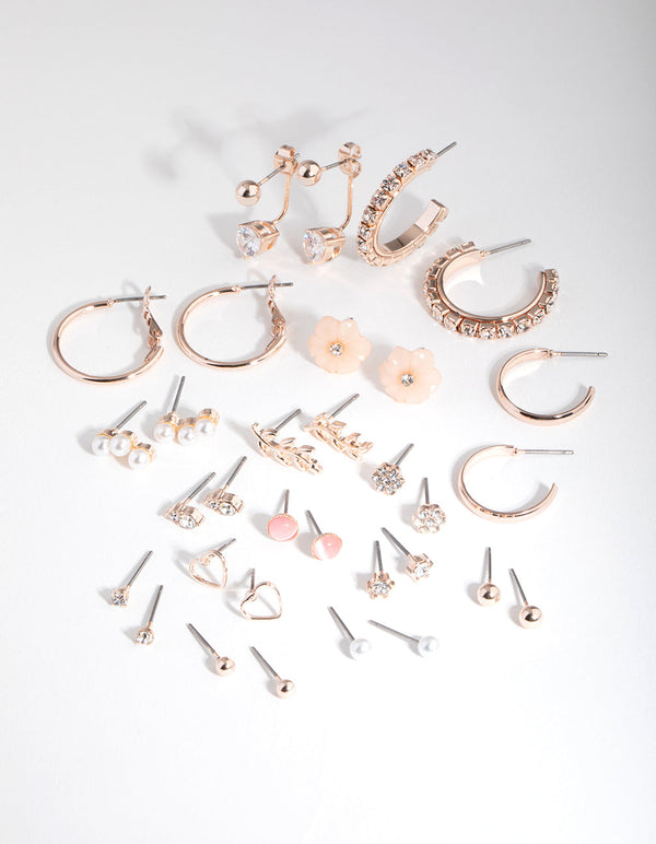 Rose Gold Flower and Pearl 16-Pack Earring