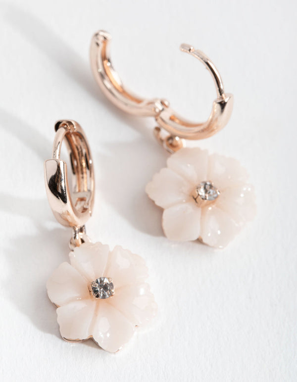Rose Gold Resin Flower Huggie Earrings