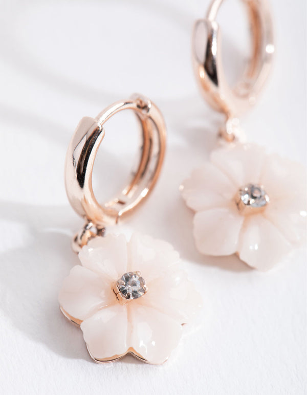 Rose Gold Resin Flower Huggie Earrings