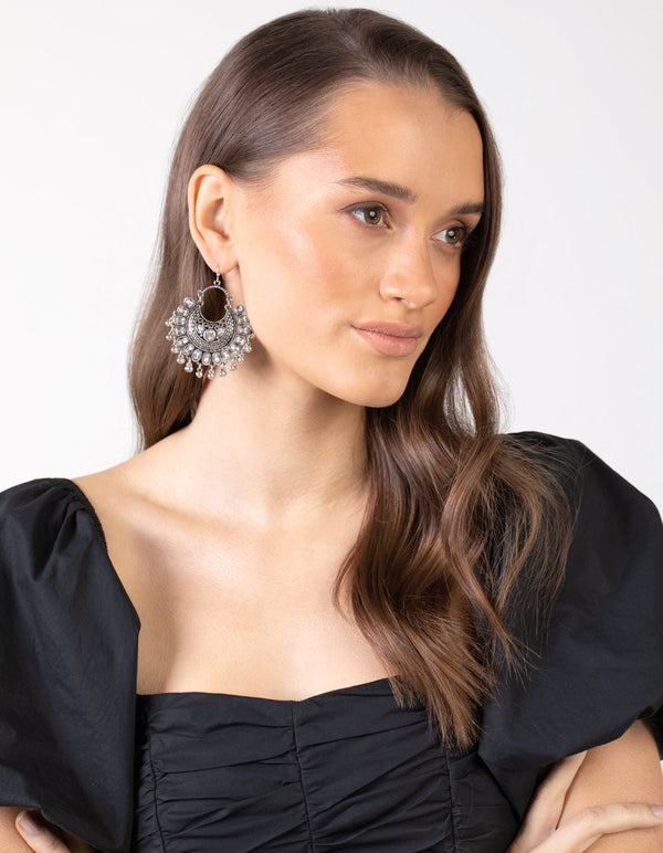 Antique Silver Statement Diamante Fan Drop Earrings