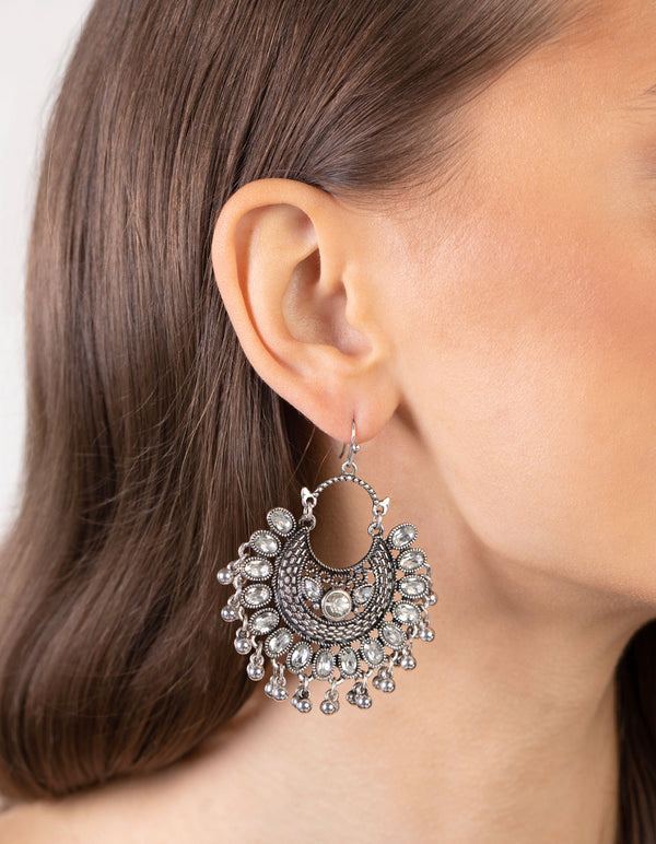 Antique Silver Statement Diamante Fan Drop Earrings