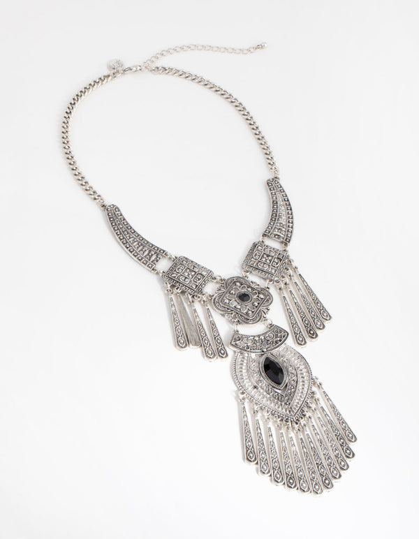 Antique Silver Metal Tassel and Diamante Necklace