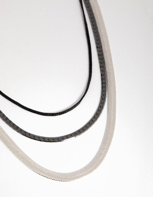 Mixed Metal Flat Snake Chain 3-Row Necklace