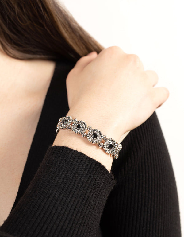 Antique Silver Etched Stone Stretch Bracelet