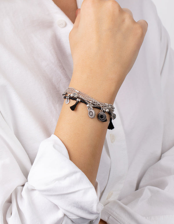 Antique Silver Etched Stone Bracelet 7-Pack