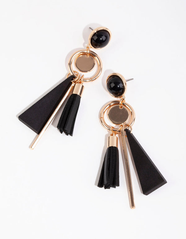 Gold PU Leather Tassel Drop Earrings