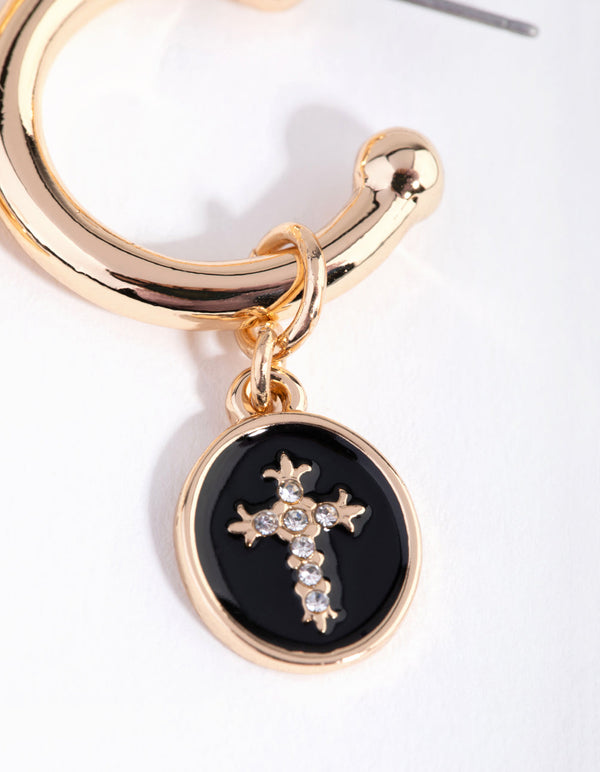 Gold Cross Disc Huggie Earrings