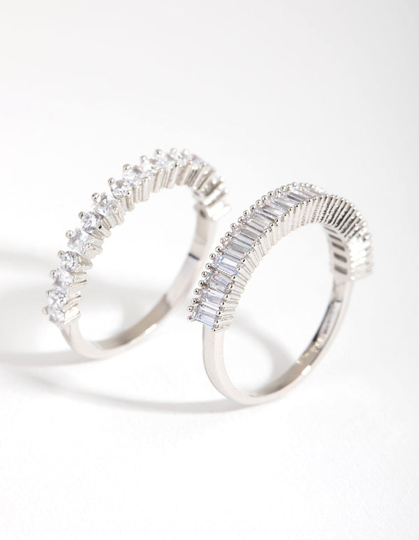 Rhodium Rectangle and Square Stone 2-Pack Rings