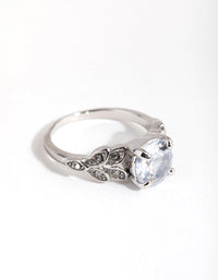 Rhodium Round Stone and Leaf Cubic Zirconia Ring - link has visual effect only