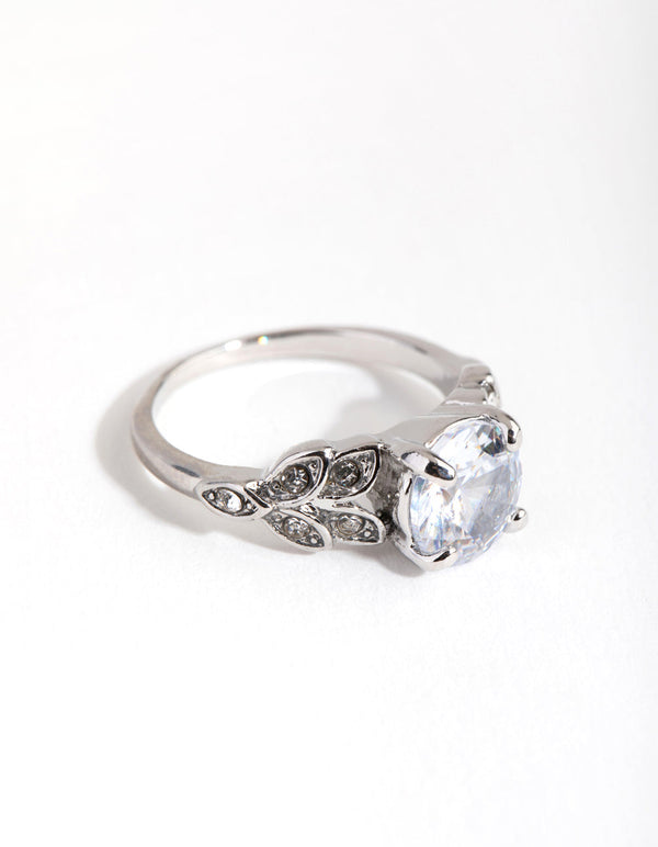 Rhodium Round Stone and Leaf Cubic Zirconia Ring