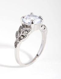 Rhodium Round Stone and Leaf Cubic Zirconia Ring - link has visual effect only
