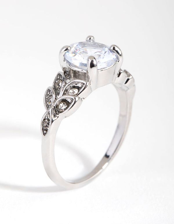 Rhodium Round Stone and Leaf Cubic Zirconia Ring