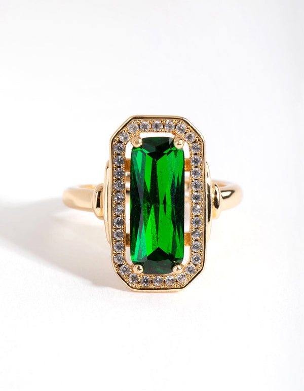 Gold Green Rectangle Cocktail Ring