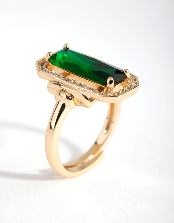 Gold Green Rectangle Cocktail Ring