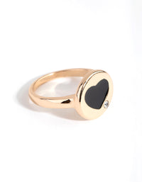 Gold Round Black Heart Signet Ring - link has visual effect only