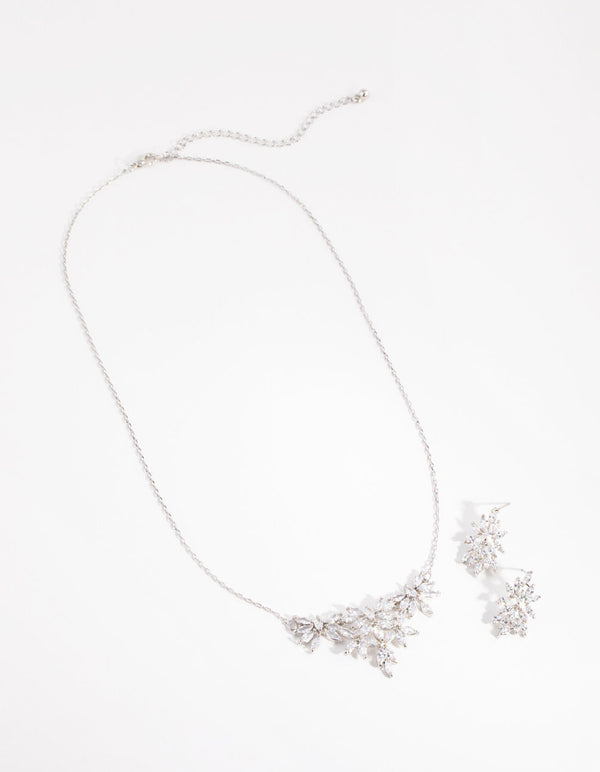 Rhodium Diamond Simulant Navette Flower Necklace and Earrings Set