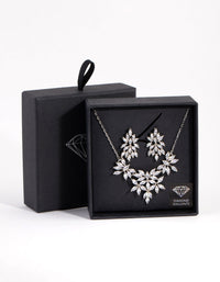 Rhodium Diamond Simulant Navette Flower Necklace and Earrings Set - link has visual effect only