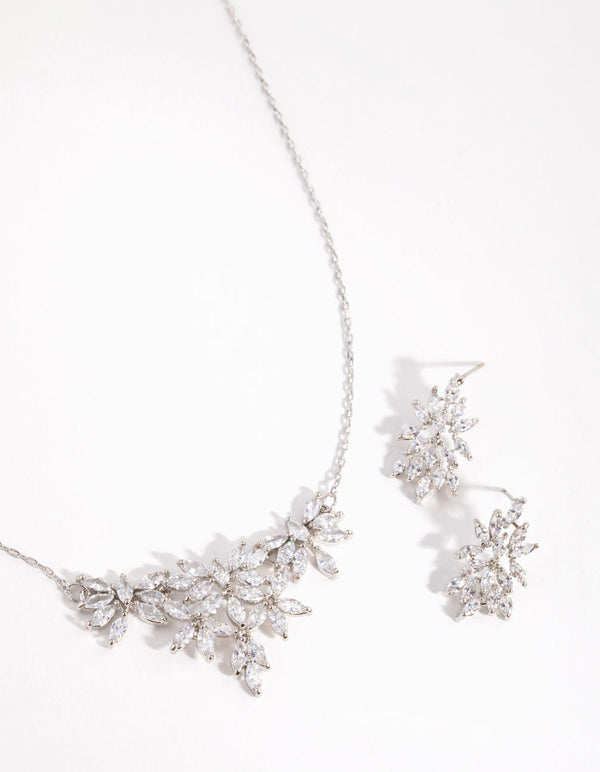 Rhodium Diamond Simulant Navette Flower Necklace and Earrings Set