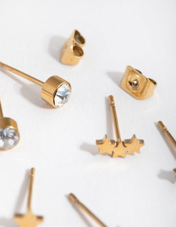 24 Carat Gold Plated Titanium Star 3-Pack Stud Earrings