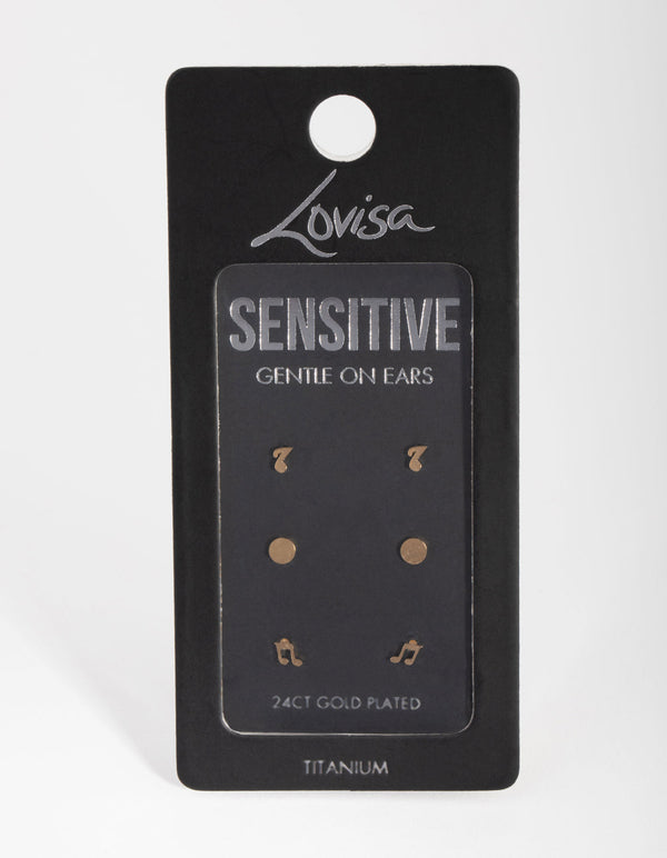 24 Carat Gold Plated Titanium Note 3-Pack Stud Earrings
