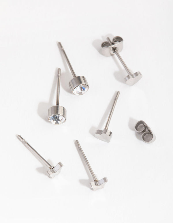 Titanium Heart and Butterfly 3-Pack Stud Earrings
