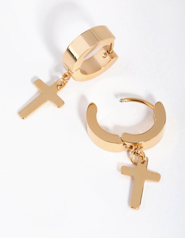 24 Carat Gold Plated Titanium Cross Huggie Earrings