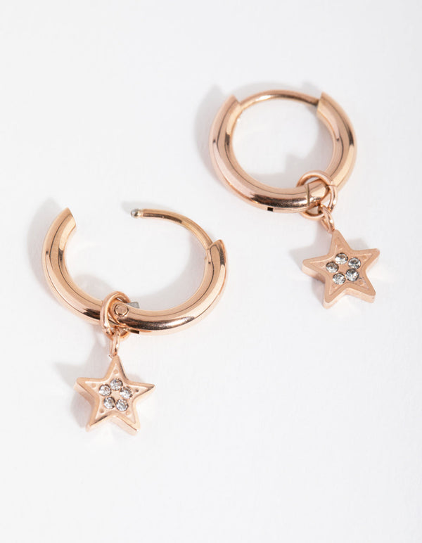 Rose Gold Titanium Diamante Star Huggie Earrings