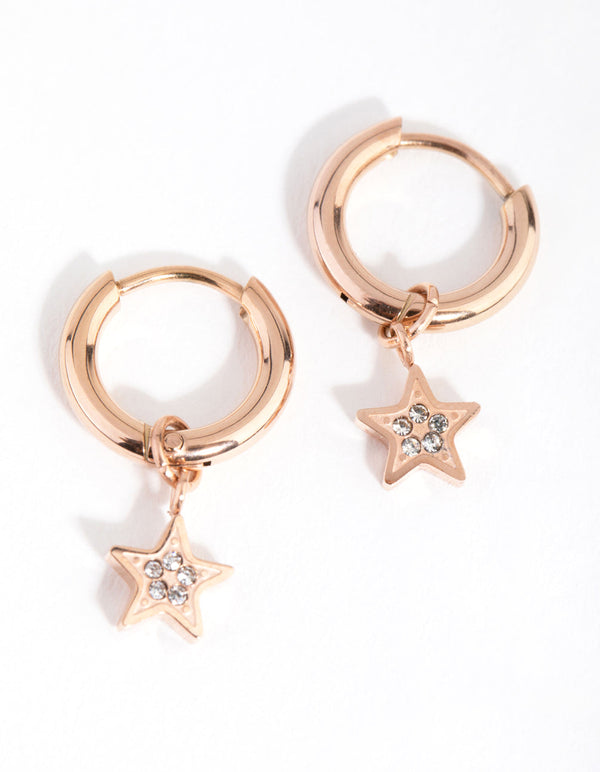 Rose Gold Titanium Diamante Star Huggie Earrings