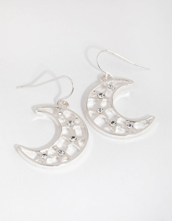 Silver Star Filigree Moon Drop Earrings