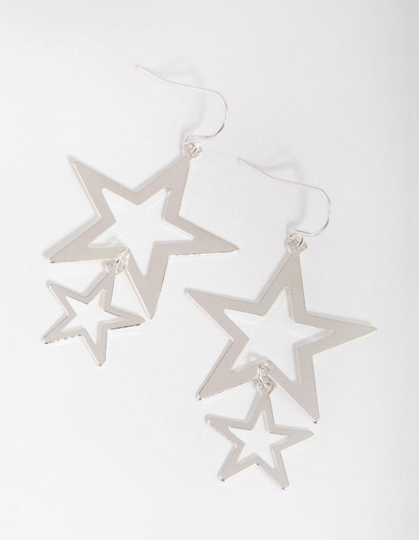 Silver Open Double Star Drop Earrings