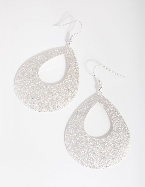 Silver Glitter Textured Pear Drop Earrings