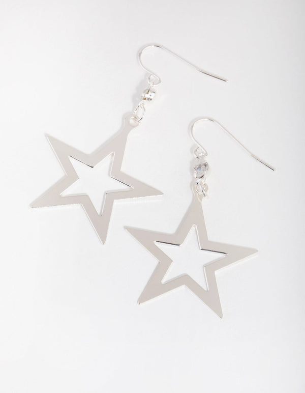 Silver Open Star Drop Earrings