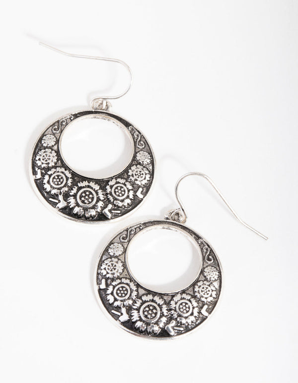 Antique Silver Rose Open Disc Drop Earrings