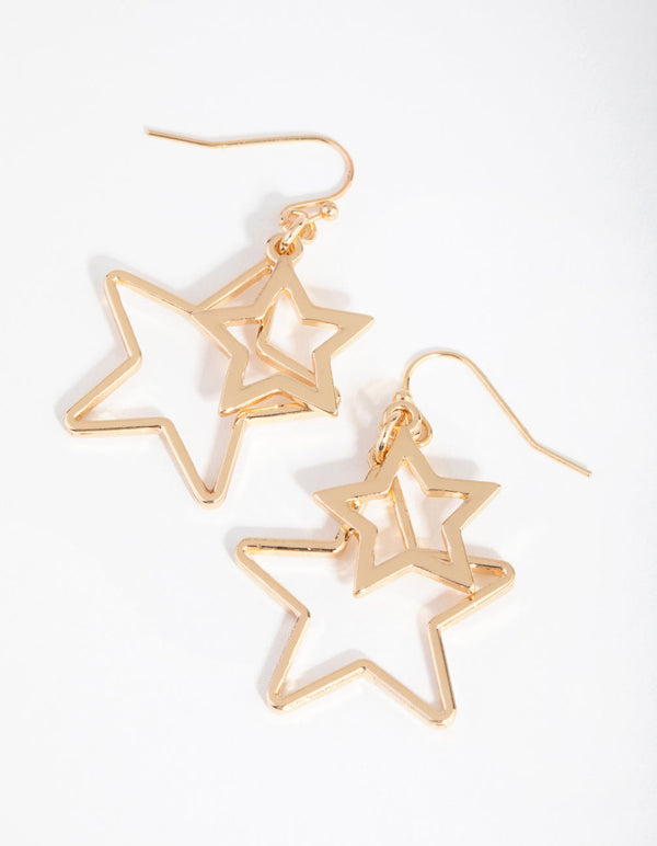 Gold Double Open Star Drop Earrings