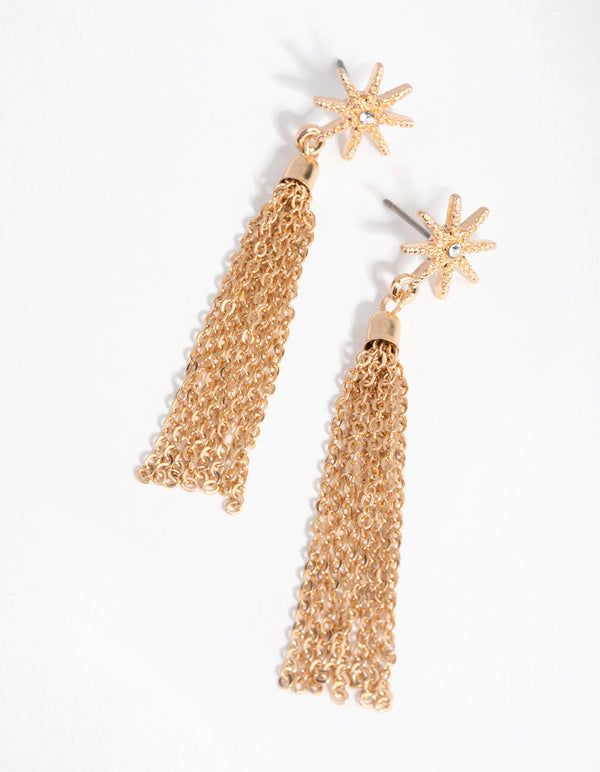 Gold Starburst Tassel Drop Earrings