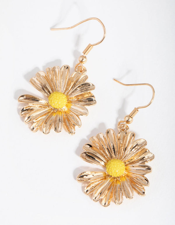 Gold Bright Daisy Drop Earrings