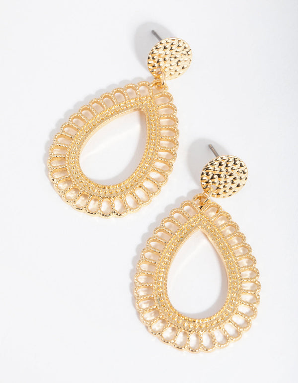 Gold Fine Etched Teardrop Earrings