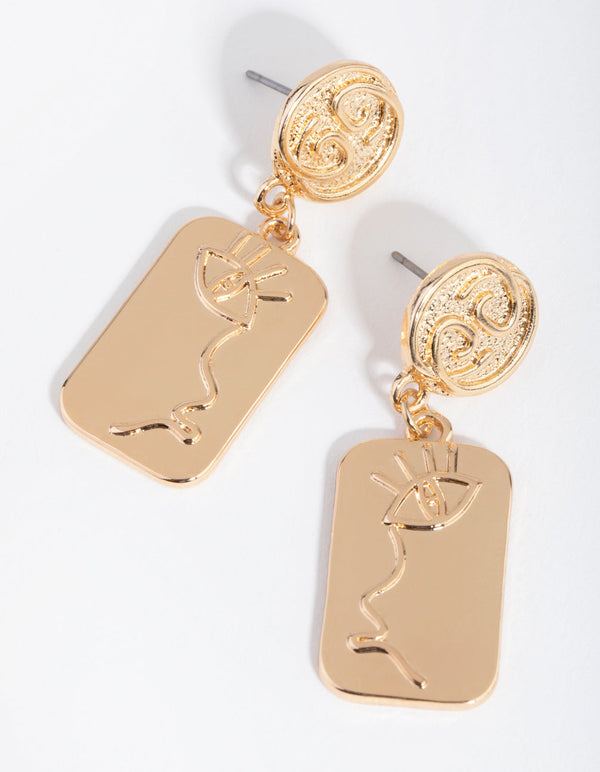 Gold Disc Eye Detail Drop Earrings