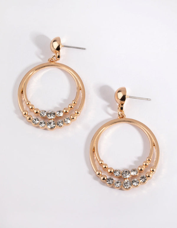 Gold Open Circle Diamante Drop Earrings